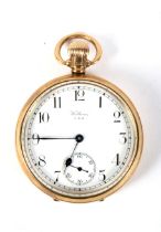 Gentleman's 9ct gold cased Waltham pocket watch witt white enamel Arabic dial,