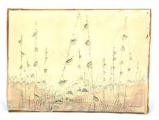 Preston Goddard (b 1928), Ssylised flowers and houses in landscape,
