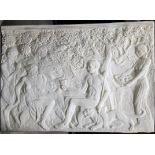 A 20th century white painted composite stone relief moulded plaque.