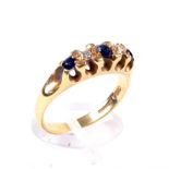 A vintage 18ct gold, sapphire and diamond five stone ring in Victorian style.