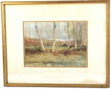Early 20th Century British School, wooded lakeside landscape.