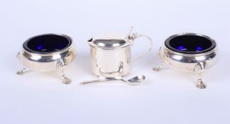 A pair of George II silver open salts and a later lidded mustard pot.