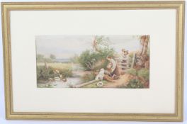 Manner of Myles Birket Foster (1825-1899), Children Fishing in river landscape, watercolour.