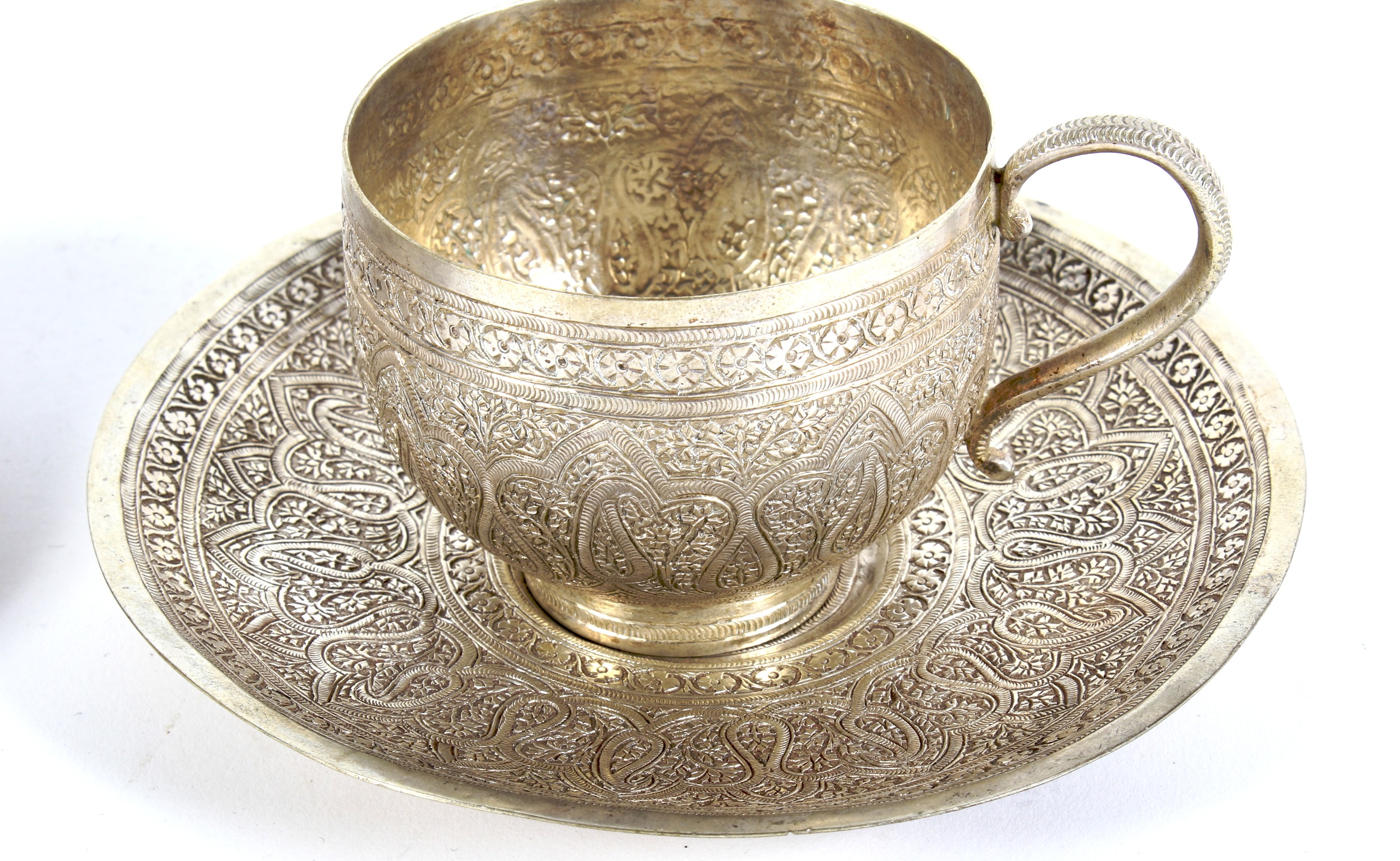 Two Middle Eastern white metal teacups and saucers. - Image 3 of 4