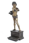 A contemporary bronze figure of a boy carrying a ewer on a metal base.