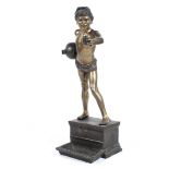 A contemporary bronze figure of a boy carrying a ewer on a metal base.