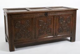 A carved and panelled oak coffer.