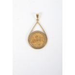 A George V full sovereign mounted in a 9ct gold pendant mount.