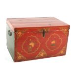 A vintage Chinese style red and gilt lacquered blanket chest and hinged cover.