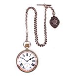A silver plated military engraved open faced pocket watch with silver Albert chain.