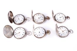 A collection of six silver-cased pocket watches.