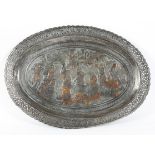 A copper and white metal pierced oval Persian tray.