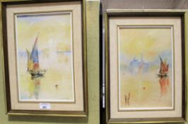 Two John Lowley oils on boards. Both depicting boats at sea, signed (lower right), 18.5cm x 28.