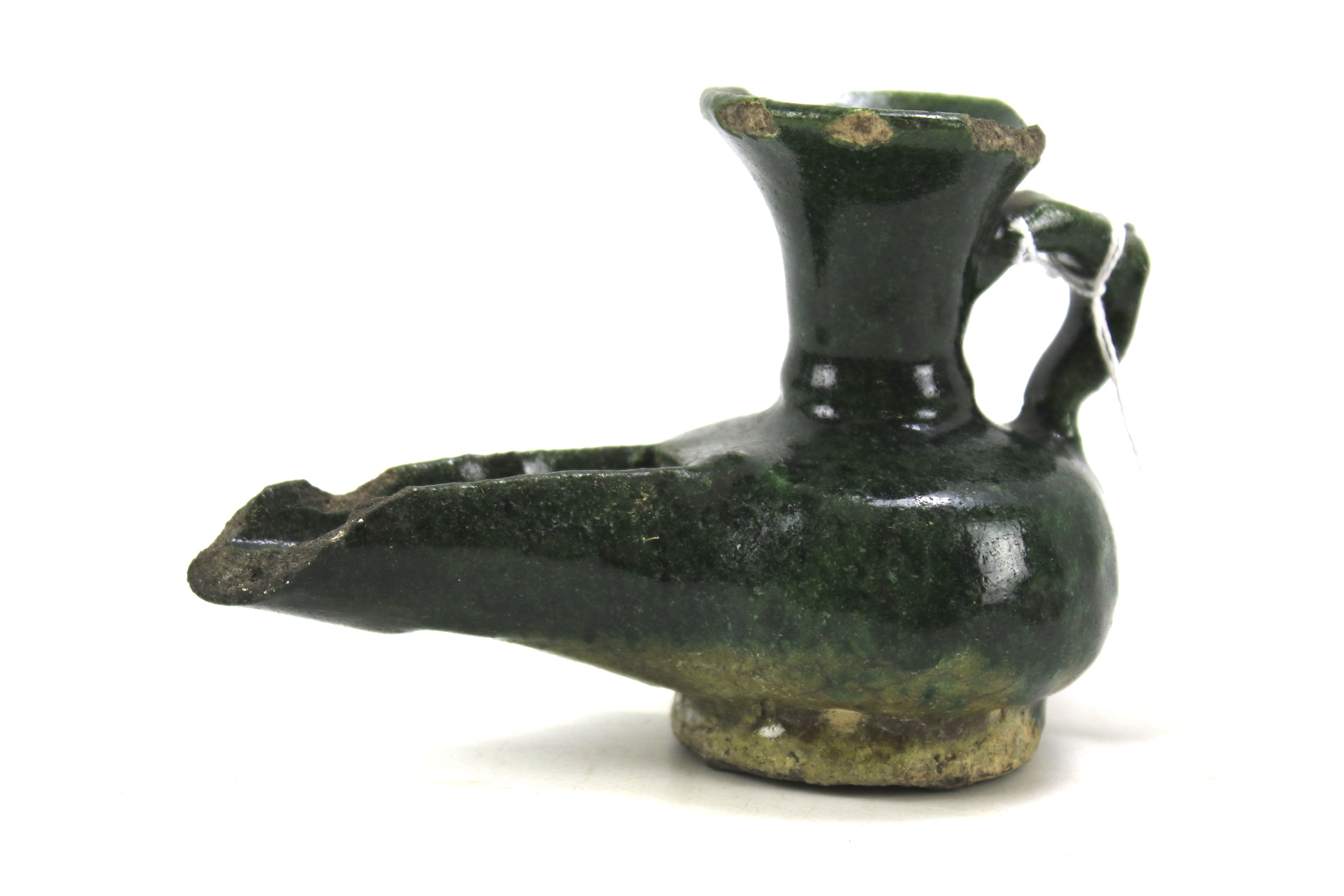 An antique Middle Eastern green glazed pottery vessel. Possibly an oil lamp, 8. - Image 2 of 2