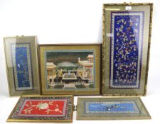 Four embroidered Asian silk panels and a painting.