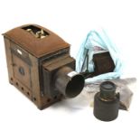 A 19th century J Lancaster & Son mahogany and metal cased magic lantern and assorted components.