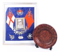 A military silk scene and a cloth bowl.