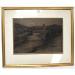 Alec Fraser, a signed engraving depicting a country riverside scene with church.