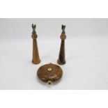 A pair of Jerusalem olive wood and gilt-metal mounted candlesticks and a flask.