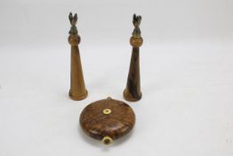 A pair of Jerusalem olive wood and gilt-metal mounted candlesticks and a flask.