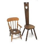 An early 20th century oak spinning chair and a child's chamber pot chair.