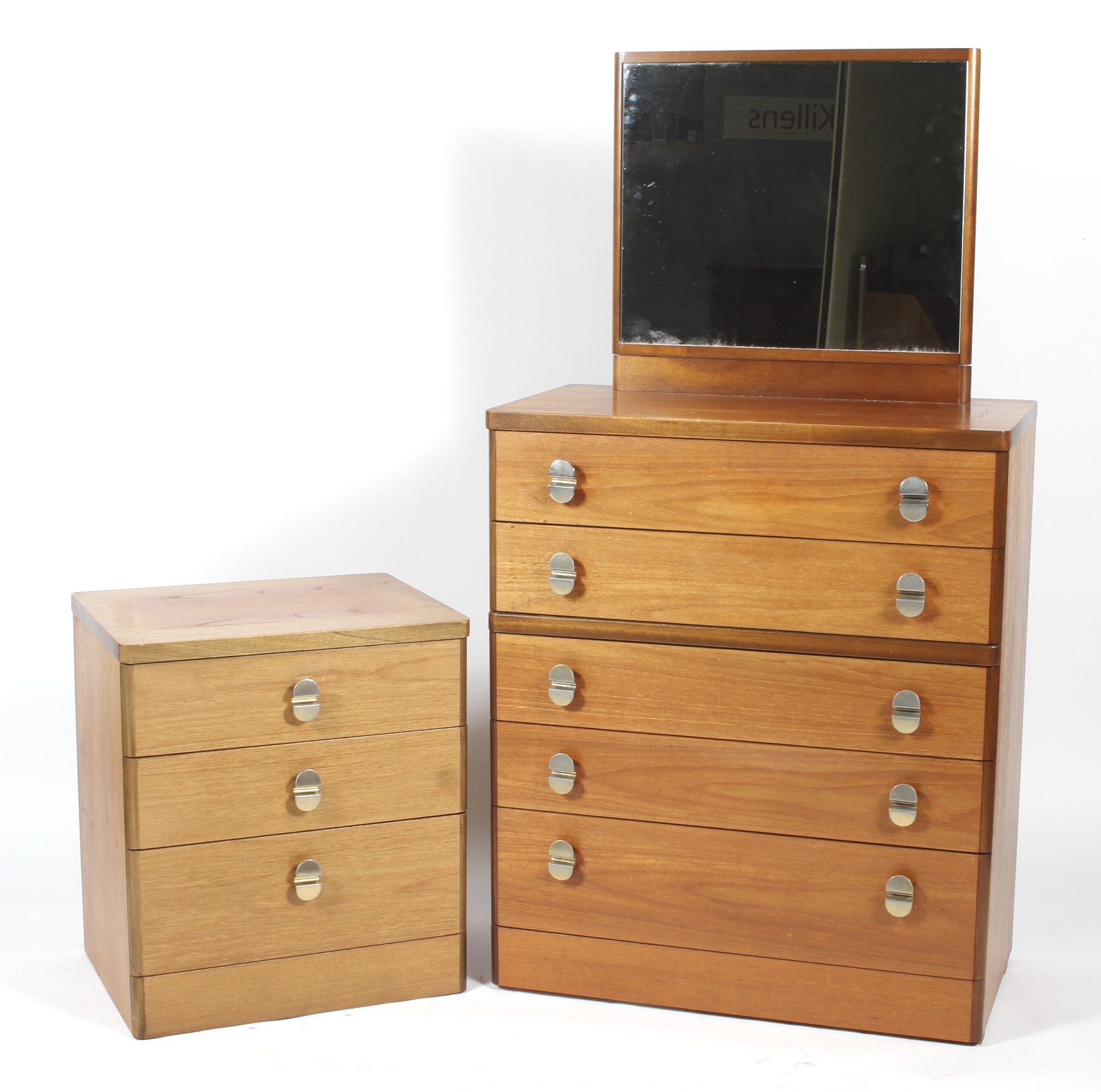 A mid-century Stag teak dressing table and a bedside table.