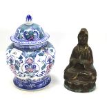 A 20th century Chinese lidded vase and a bronze sculpture of a Guanyin.