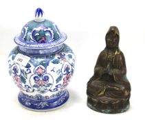 A 20th century Chinese lidded vase and a bronze sculpture of a Guanyin.