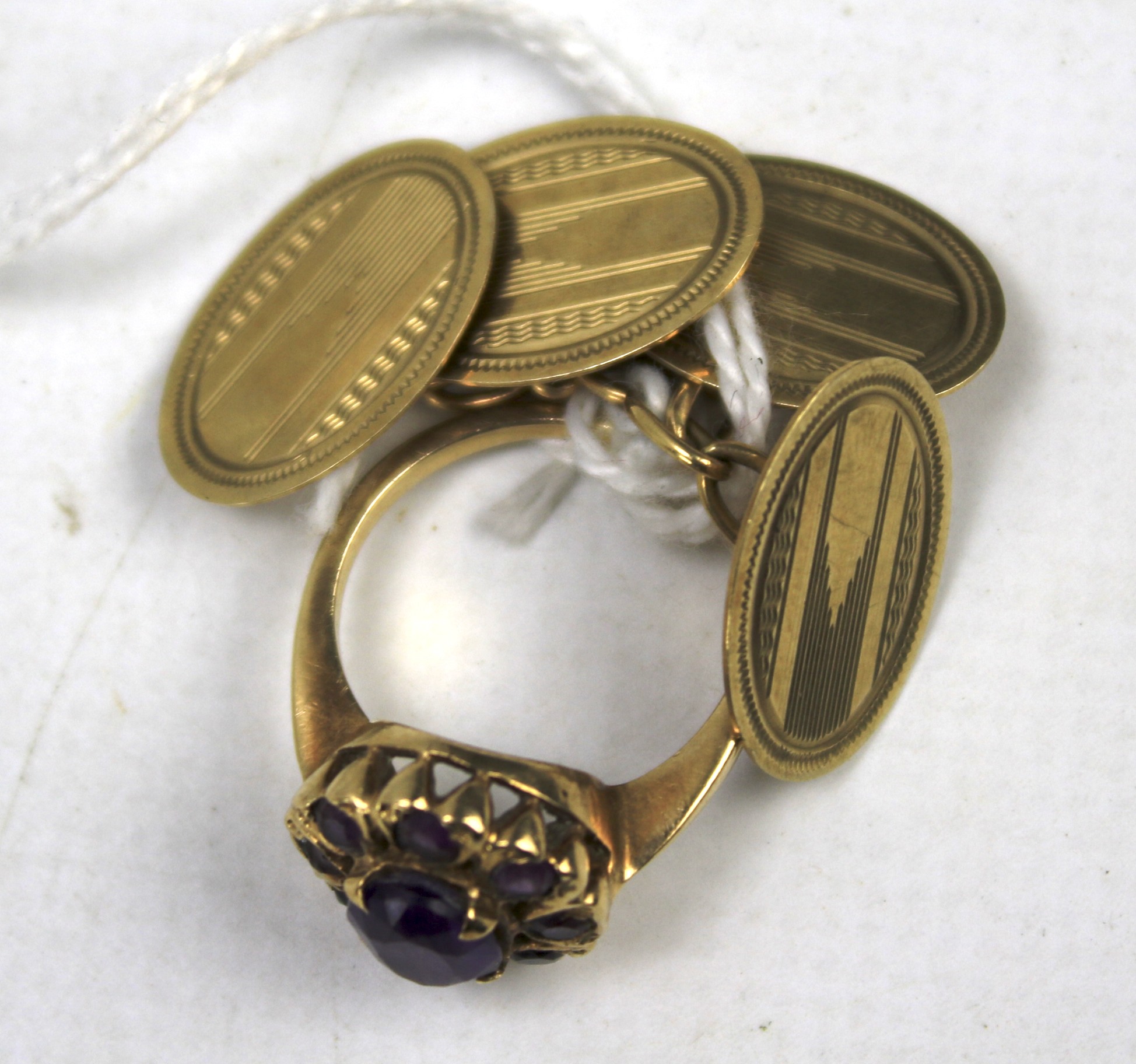 A pair of 9ct gold cufflinks and a yellow metal cluster ring. - Image 2 of 2