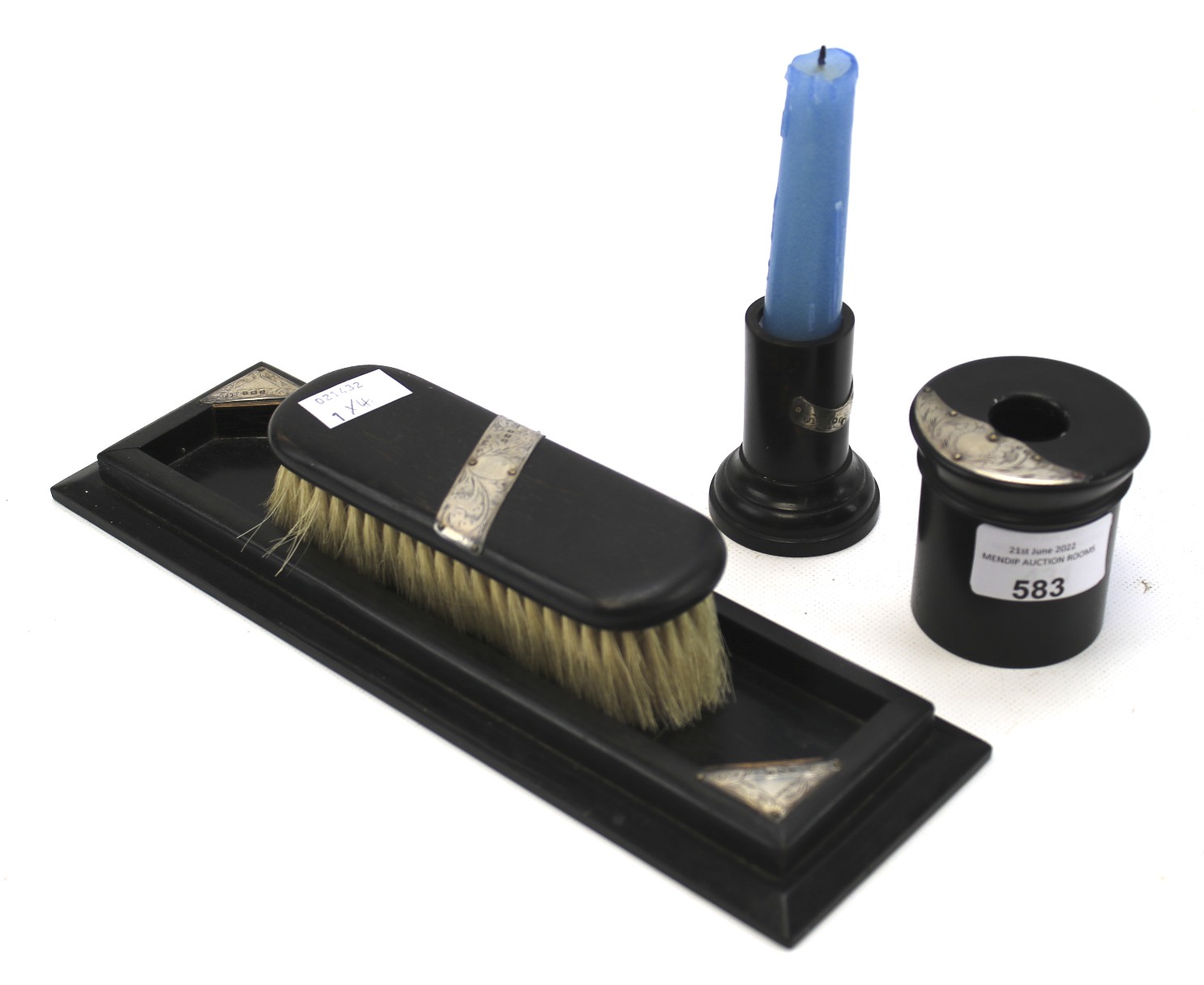 A silver mounted ebony four piece dressing table set. - Image 6 of 6