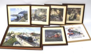 An assortment of seven train related pictures and prints.
