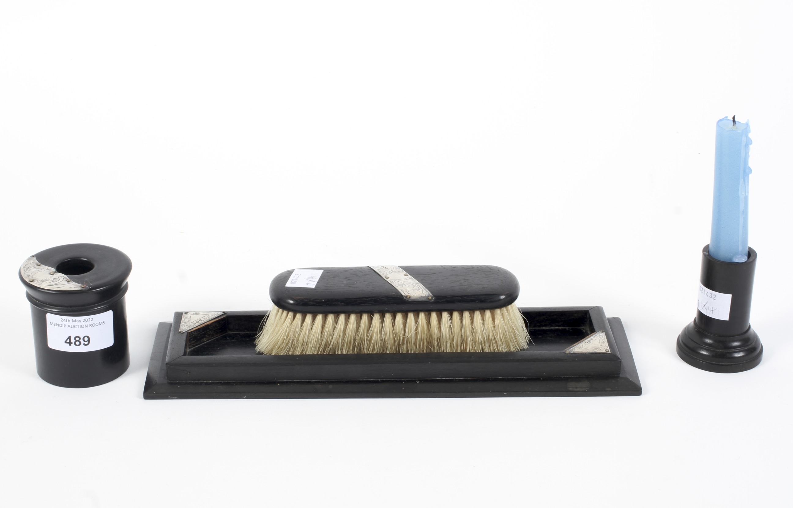 A silver mounted ebony four piece dressing table set. - Image 2 of 6