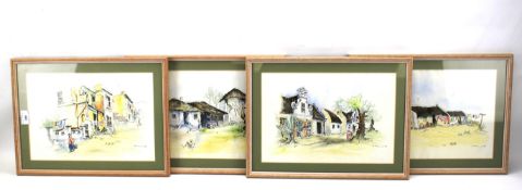 A set of South African four pen and watercolour drawings.