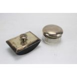 Early 20th century silver desk ink-blotter and a silver topped dressing table pot