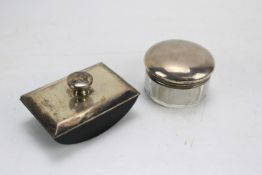 Early 20th century silver desk ink-blotter and a silver topped dressing table pot