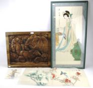 Three Chinese paintings and an African carved wooden panel.