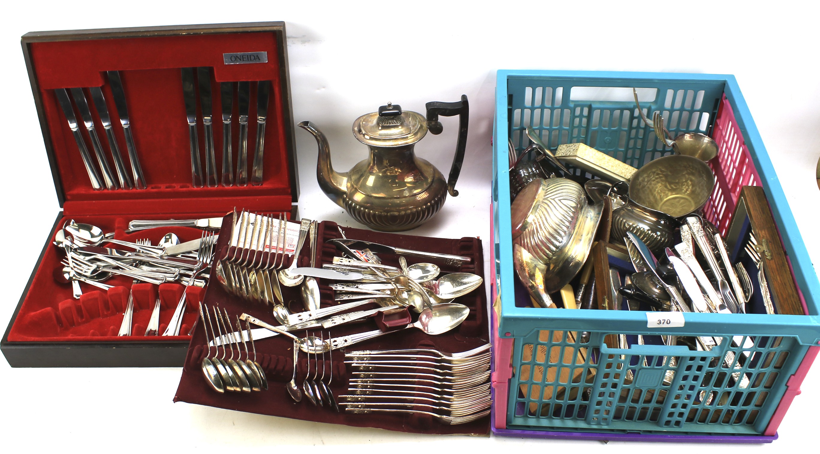 A large assortment of silver plate and other metalwares.