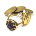 A pair of 9ct gold cufflinks and a yellow metal cluster ring.