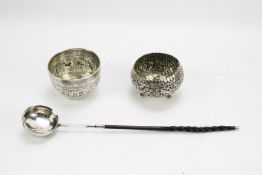 Two Victorian silver bowls and a Georgian toddy lifter.