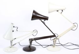 Three anglepoise table lamps in brown cream and white. Bearing angelpoise lighting labels.