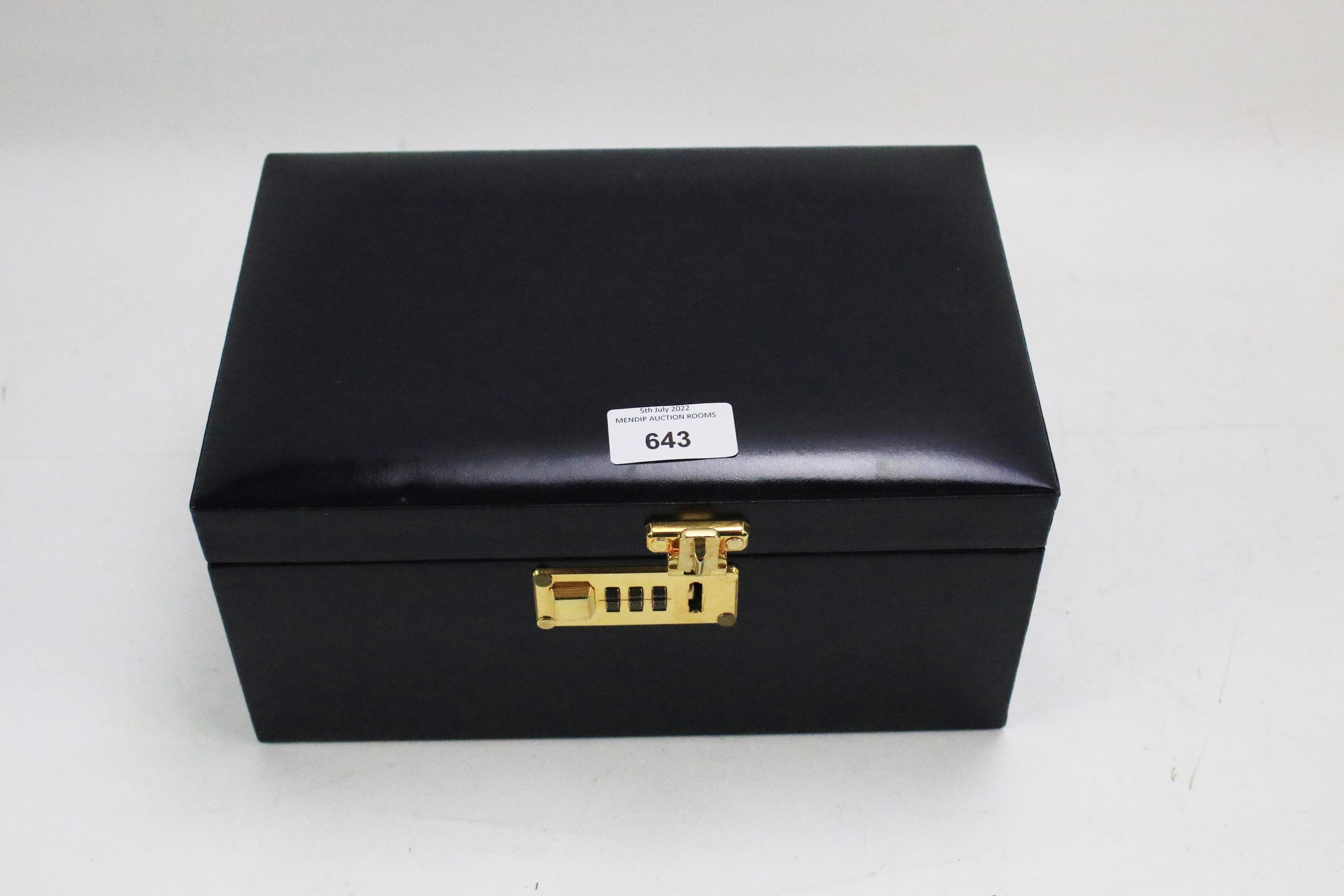 A black leather jewellery box with pull out compartment and combination lock - Image 2 of 2