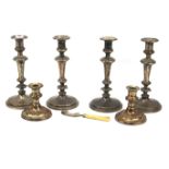 Three sets of silver plated candlesticks and a silver mounted utensil.