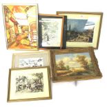 An assortment of prints and paintings. including a oil on canvas depicting a landscape, 38.5cm x 28.