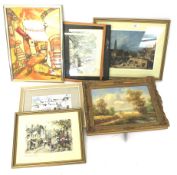 An assortment of prints and paintings. including a oil on canvas depicting a landscape, 38.5cm x 28.