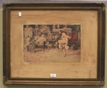 A 20th century signed print. Depicting a woman performing in front of Roman figures, signed 'J.