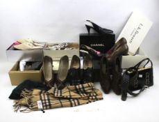 A collection of ladies' designer shoes and accessories.