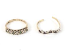 Two 9ct gold rings. One a diamond and emerald half eternity ring, size K, the other AF. Weight 2.