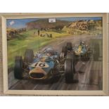 Michael Turner, a mid century print depicting an F1 motorace Jack Brabham,
