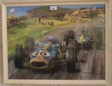 Michael Turner, a mid century print depicting an F1 motorace Jack Brabham,