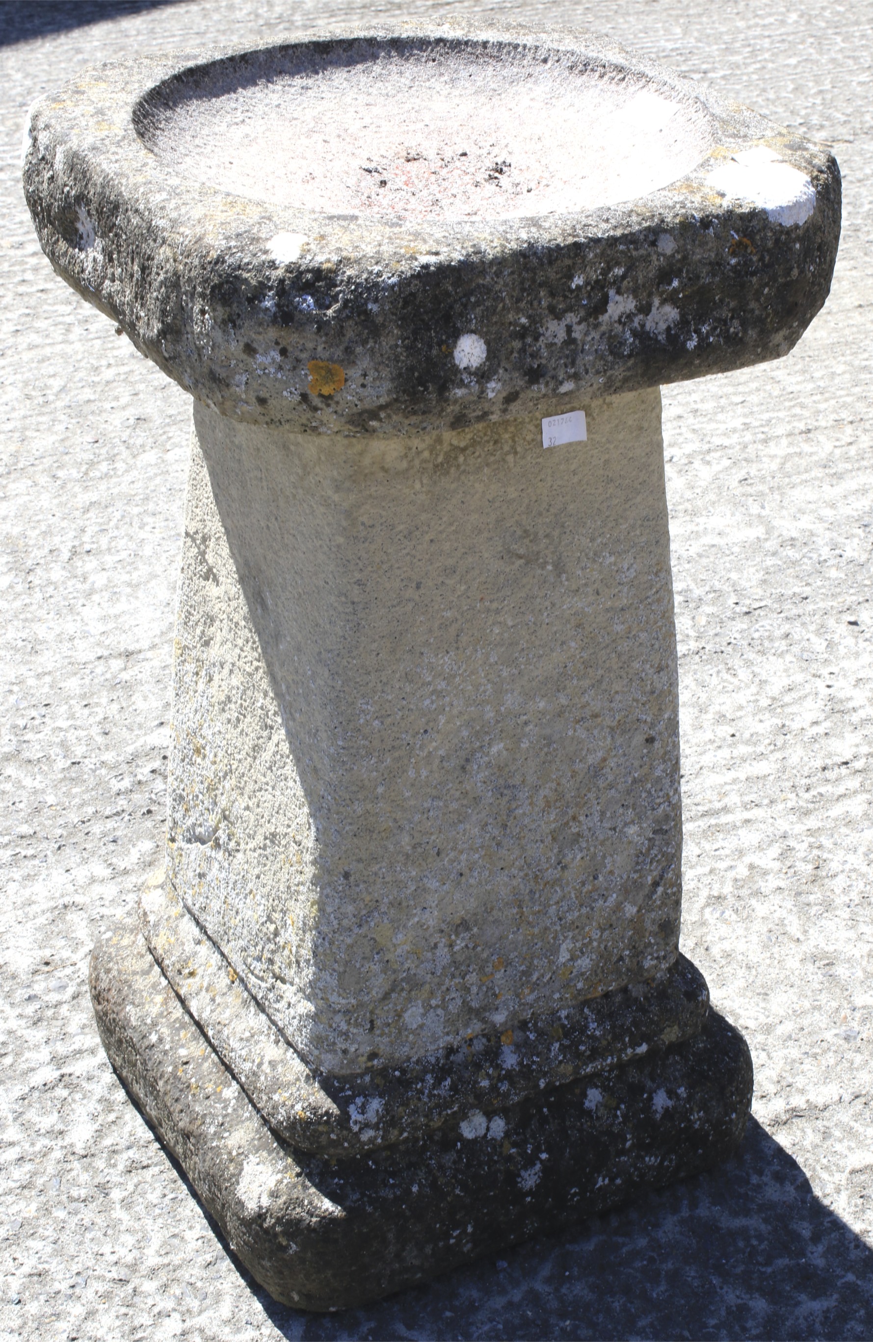 Composite stone bird bath on tapering square pedestal. H63.